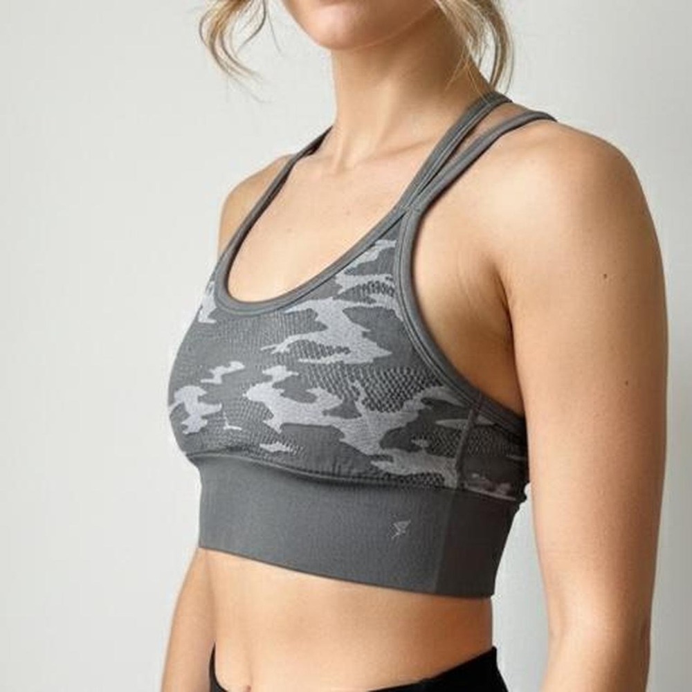Grey camo print sports bra from Primark, size XS